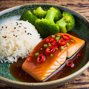 Sweet & Sour Chili Salmon with Basmati Rice and Broccoli