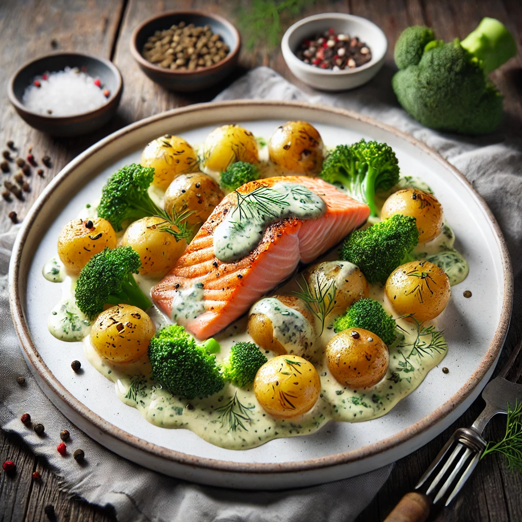 Salmon with potatoes in dill sauce